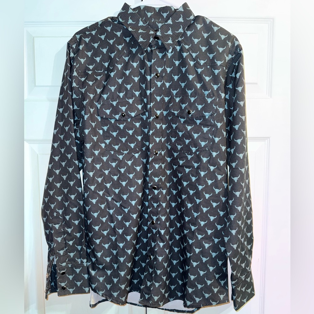 American West Black Shirt with Light Blue Steer Print